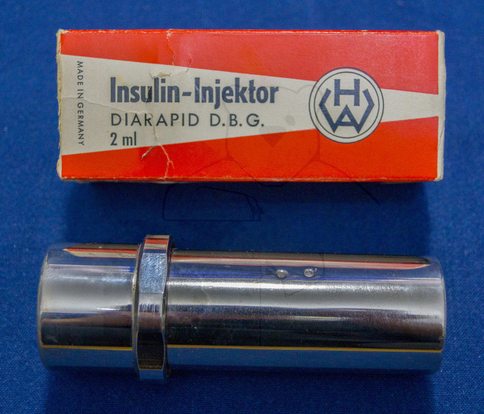 Insulininjektor "Diarapid", 1963'er Jahre, Verpackung und Aufbewahrungszylinder (Sterilisierbar)